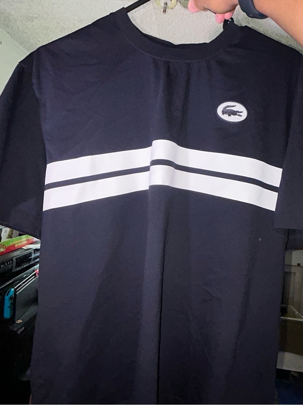 Lacoste Black Short Sleeve Tee with White Double Chest Stripes